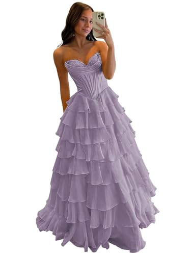 Mollyevers Strapless Corset Prom Dresses for Women Long Tiered Ruffle Chiffon Formal Evening Gowns with Slit