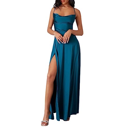 Vestido de fiesta para mujer, largo sin espalda, vestido de noche, elegante, con tirantes delgados, vestido de satén con ranura, vestido maxi de satén, línea A, vestido de cóctel, azul, S