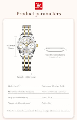 Image of OLEVS Womens Diamond Watches Automatic Mechanical Gold Luxury Dress Ladies Self Winding Original Stainless Steel Wrist Watch