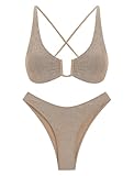 ZAFUL Bikini Set for Women U-Wired Bathing Suits Metallic Glitter Sparkly Lace Up Criss Cross String Bikini Swimswear(L,Shine-Light Coffee)