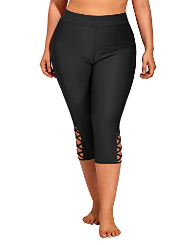 Holipick Women Black Plus Size Swim Capris Long Swim Shorts Criss Cross Swim Pants Tummy Control Swimming Leggings 16W #TOP3