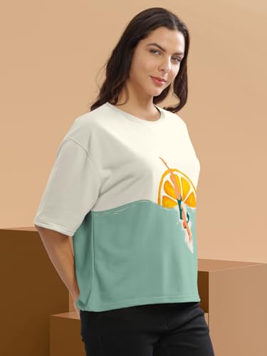 Image of HELLCAT Beige Printed Loose Fit Crew-Neck Crop T-Shirt for Women