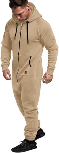 Men's Hooded Jumpsuit Zip Up One Piece Pajamas Playsuit Jogger Sweatsuit Overall Romper (Khaki,Small)2