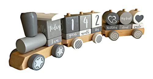 Image of Baby Monthly Milestone Blocks - Wooden Train - 3 Cabins and 17 Removable Blocks - Nursery Decor - Baby Milestone - Milestone Blocks