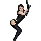 [UpdateClassic] ツルツル レオタード ストッキング 手袋3点セット 穴空き 体操着 競泳水着 レースクイーン ハイレグ テカテカ 光沢生地 水着 伸縮性 ハロウィン パーティー コスプレ (ブラック)