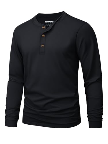 MAGNIVIT Mens Henley Collar Shirts Long Sleeve Shirt Casual Shirts Fall Shirt Soft Shirts Cotton Shirt Henley Shirt Black L