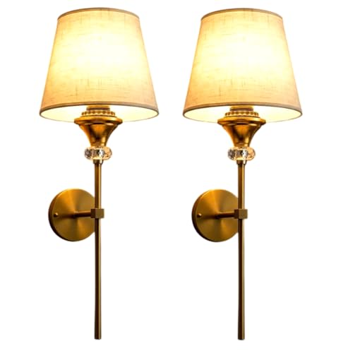 Image of Groeien Pack of 2 | Gold Crystal Fabric Shade Contemporary Brass Finish Wall Lamp for Bedroom, Livingroom, Indoor(Bulb is Included)(Fabric-Gold Crystal, 2)