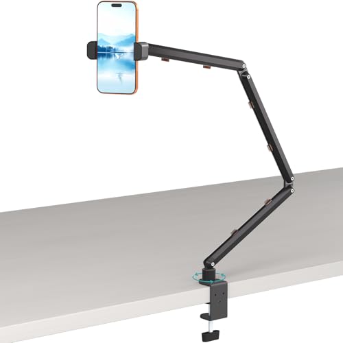 Image of Adjustable Phone Stand,3-Stage Long Arm Holder Heavy Duty Desk Clamp Mount | 33 inch Foldable Aluminum Alloy Arm,360Rotation Holder Compatible with 3.5~7.5 inch iPhone /HTC /LG /Nexus /Huawei /Galaxy