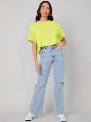 Image of KOTTY Women's Solid Cotton Blend Oversized Crop T-Shirt | Casual Summer Tee