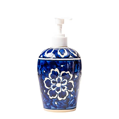 Image of HS HINDUSTANI SAUDAGAR Royal Blue Flower Ceramic Liquid soap Dispenser 500ml Handmade Hand wash Bottle for Bathroom Kitchen Sink wash Basin Shampoo Lotion Dispenser Ideal for Decor Daily use & Gift.