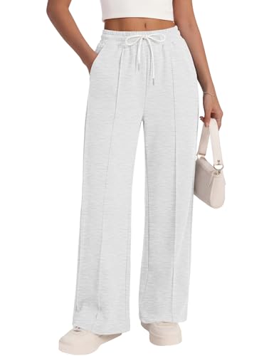 LOMON Womens Wide Leg Sweatpants Drawstring Elastic Waist Baggy Sweat Pants Teen Girl Joggers Pant with Pocket (Light Grey,S)