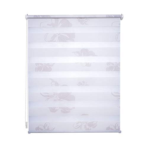 Klemmfix Doppelrollo weiß mit Druck Blume - Breite 40 bis 120 cm, Länge...