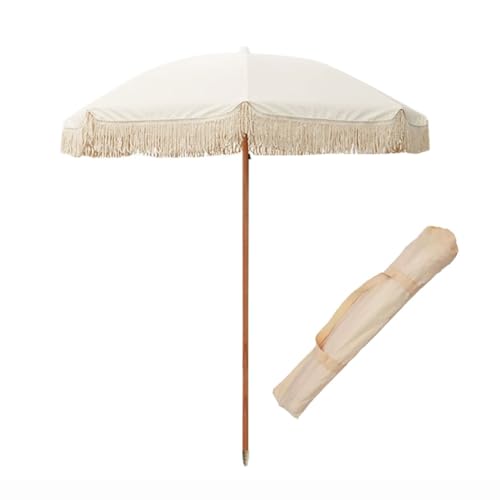 Ombrellone da Spiaggia da 6,5 Piedi con Frange, ombrellone da Esterno con Protezione UV, 8 Stecche, ombrellone da Giardino Bianco, ombrellone da Tavolo da Mercato