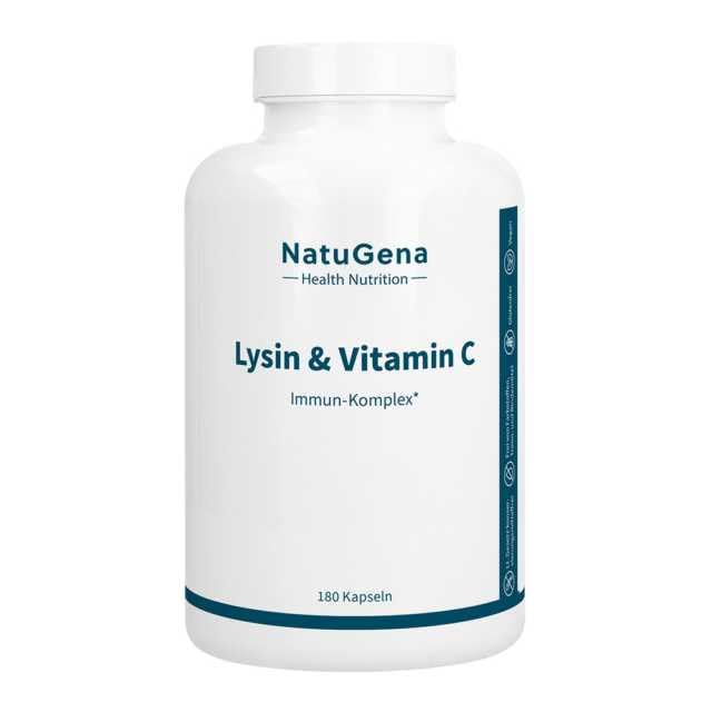 NatuGena Lysin & Vitamin C, Immun-Komplex - 3000 mg Lysin mit 2000 mg gepuffertem Vitamin C & Mineralstoffen, 180 Kapseln (30 Tage Packung)