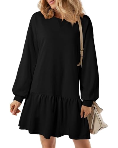 PICKLION Women's Casual Dress Long Sleeve Ladies Pullover Dress Mini Pleated Ruffle Sweatshirt Dresses Black XL