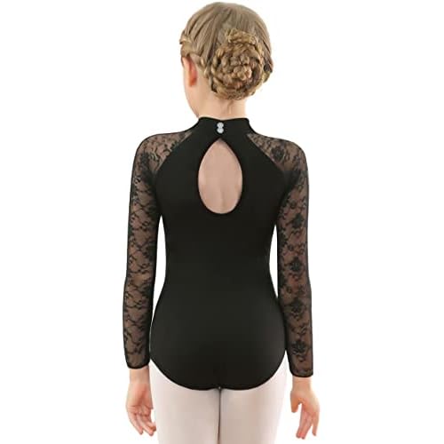 MOLLDAN Girls Dance Leotard Lace Neck Dance Wear Top,Back Bow/Water Drop-Shaped Long Sleeve-black 11-12 Years