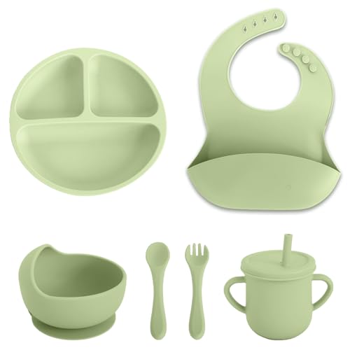 FlexiBaby 6 PCS Silicone Baby Feeding Set for Toddler First Eating - Led Weaning Supplies with Suction Divided Plate, Bowl, Cup, Bib, Spoon & Fork - Infant Self Feeding Dishes & Utensils (Green)