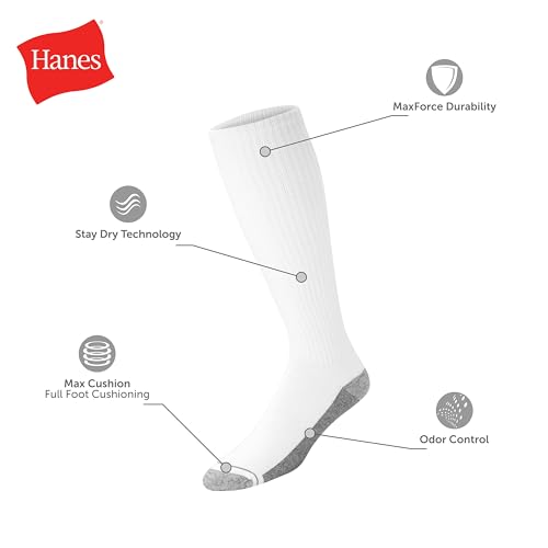 Image of Hanes Men's Crew & Over the Calf Socks Pack, Max Cushioned Moisture-wicking Stay Dry Socks, Athletic Socks, 6, 8 Or 12-pairs