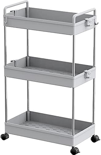 Ronlap 3 Tier Grey Storage Trolley, Slide Out Storage Tower with Handle Hook Lock Wheels, Trolley On Wheels for Kitchen Bathroom Laundry Room, Grey