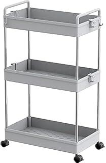Ronlap 3 Tier Grey Storage Trolley, Slide Out Storage Tower with Handle Hook Lock Wheels, Trolley On Wheels for Kitchen Bathroom Laundry Room, Grey