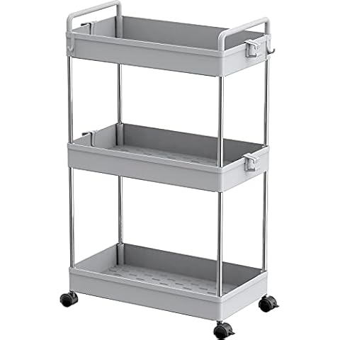 Ronlap 3 Tier Grey Storage Trolley, Slide Out Storage Tower with Handle Hook Lock Wheels, Trolley On Wheels for Kitchen Bathroom Laundry Room, Grey Cover