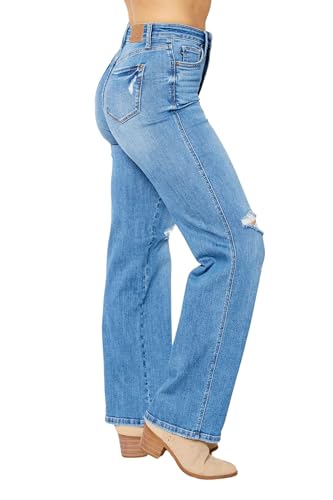 Judy Blue Women's High-Rise Tummy Control Destroyed Knee Straight Jeans - 88785 (Medium Blue, 20 Plus)4