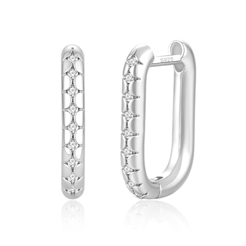 Silver Cubic Zirconia Rectangle Hoop Earrings, U Huggie Hoop earrings for women with 925 Sterling Silver Posts