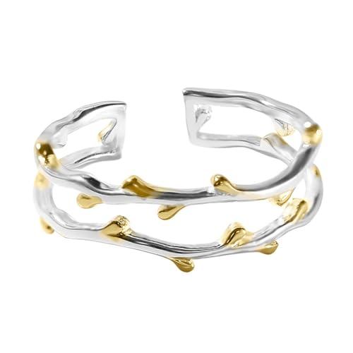 Image of Layered Leaf 925 Sterling Silver Open Band Ring for Women Adjustable Double Line Gold Leaves Lovely Comfort Fit Finger Ring Hypoallergenic Wedding Promise Statement Jewelry Gifts