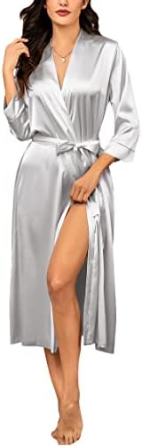 Hotouch Womens Bridesmaids Long Satin Kimono Sleepwear Robe for Wedding Party A-Silver Gray, Small