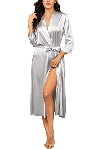 Hotouch Womens Bridesmaids Long Satin Kimono Sleepwear Robe For Wedding Party A-Silver Gray, Small #TOP26