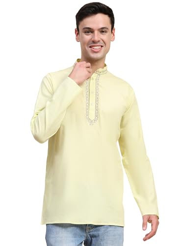 Image of SKAVIJ Men's Cotton Embroidered Kurta Shirt - Long Sleeve Traditional Indian Tunic for Casual
