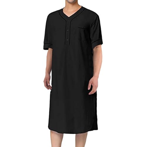 Thatrich Mens Muslin Robe Short Sleeve Mid Length Dress Casual Henley Shirts Comfy Loungewear Soft Nightgown Spring Summer