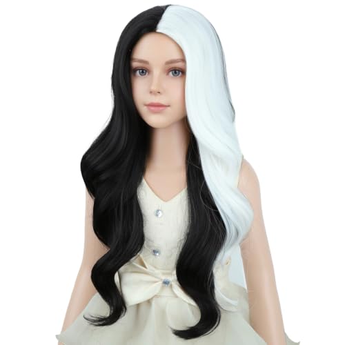 Image of PATTNIUM Black and White Wig for Girls Kids Long Curly Wigs Black Highlights White Middle Part Heat Resistant Synthetic Wigs with Wig Cap