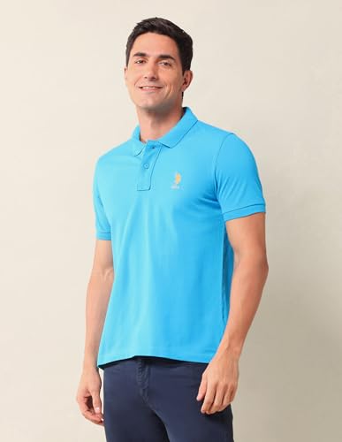 Image of U.S. Polo Assn. Men's Blue Solid Polo Collar Half Sleeve Casual Cotton Slim Fit T-Shirt