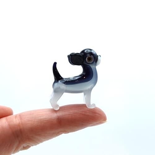 Sansukjai Chihuahua Glass Figurine - Premium Color Glass Sculpture with Layered Eyes - Tiny Collectible Dog Art for Pet Lovers & Unique Home Décor Gift (Black White Stand V2)