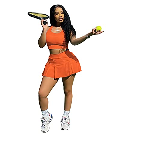 Sexy Club Outfits for Women Summer Athletic Crop Tank Top Pleated Tennis Mini Skirt with Shorts Skater Golf Skort Set Orange XS