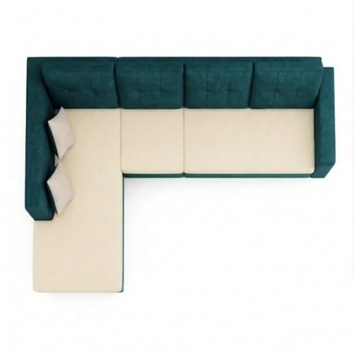 Image of FURNY Nathan 5 Seater L Shape Sofa Set LHS (Green Teal-Cream) | Suede Velvet Finish | Durable Comfort Sofa for Modern Living Room & Office Spaces
