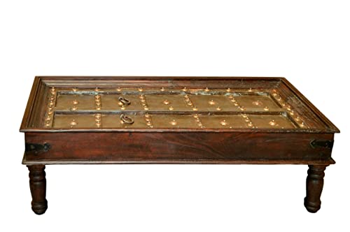 Handmade Carved Antique Door Repurposed Cocktail Table| Rustic Farmhouse Style Door and Center Table| Vintage Distressed Teak Wood Table| Solid Wood Table with Metal Sheet