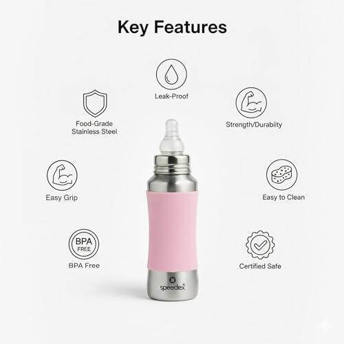 Image of SPEEDEX Stainless Steel Baby Feeding Bottle 240 ml with Pink Silicone Grip & Internal ML Marking | BPA & Plastic Free | Anti-Colic Silicone Nipple | 304 Grade Steel Infant Milk Bottle | Leak Resistant