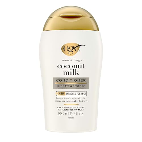 OGX Nourishing + Coconut Milk Moisturizing Conditioner Hydrating & Restoring Conditioner Moisturizes for Soft Hair After the First Use Travel Size TSA-Compliant 3 fl. oz