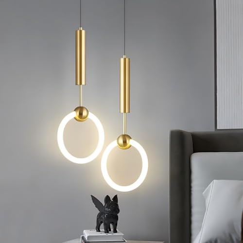 Bedside Pendant Light Bedroom, LED Ring Long Pendant Ceiling Lamp Gold Modern Minimalist Hanging Lights Round 4500K Metal Fixture, for Dining Room Living Room Kitchen Island Foyer 2 Lights