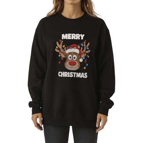 Image of Crazy Fashion Womens Long Sleeve Merry Christmas Slogan Print Xmas Sweatshirt Ladies Round Neck Christmas Tree Jumper Top Pull Over (Cute Reindeer Black, 12-14)