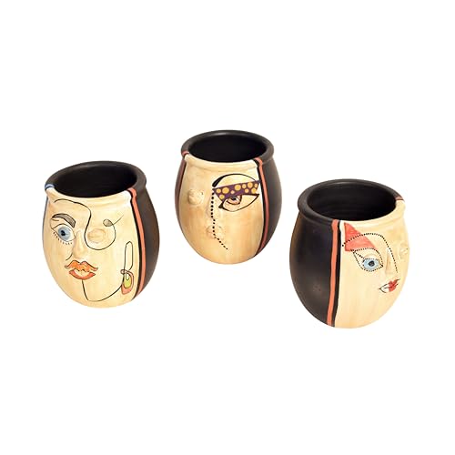 Image of Aakriti Art Creations Pizo Pots Hand Painted Set of 3 | Multicolor Terracotta Flower Vases | Matte Finish Modern Art Decorative Pots for Living Room, Table Decor & Gifting
