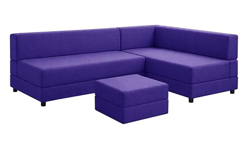 Image of Leg Sofa Cum Bed with Ottoman | Jute Fabric | Multipurpose Folding 3 Seater Sofa Bed 5x6 Ft for Living Room | Space Saving Furniture | Modern Design - Purple
