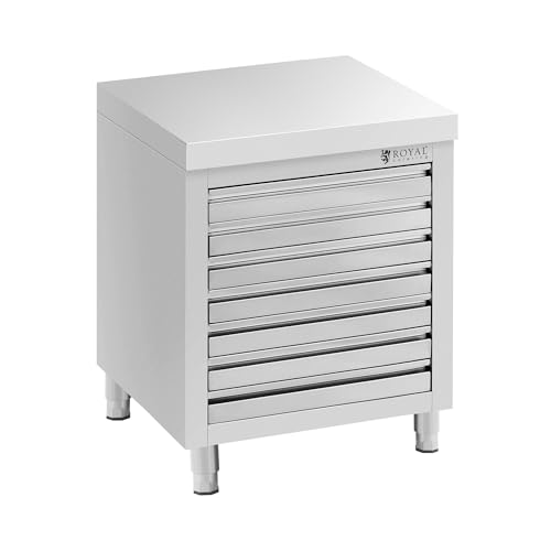Royal Catering Meuble bas en inox 70 x 50 cm, 185 kg, 7 tiroirs pour pâtons de pizza Plan de travail avec rangement Meuble cuisine bas avec plan de travail...