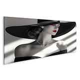 islandburner Bild auf Leinwand Elegante Frau mit Hut und roten Lippen in Schwarzweiß für Schlafzimmer Modeinteressierte Modeboutique Bilder Wandbilder Poster