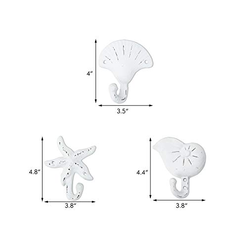 Sea Snail Starfish Shell Shape Cast Iron Nautical Wall Hooks Set, 3-Pack Assorted Rustic White Seaside-Themed Wall Mount Coat Hooks, Beach Coastal Wall Decor - Image 6