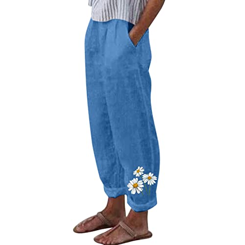 Women's Casual Pants Floral Print Elastic Waist Summer Trendy Pants Straight Leg Lightweight Comfy Baggy Trousers with Pocket