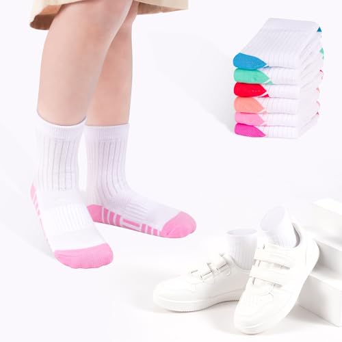 Image of 12 Pairs Girls Crew Athletic Socks, Kids Cotton Socks Ages 1-13
