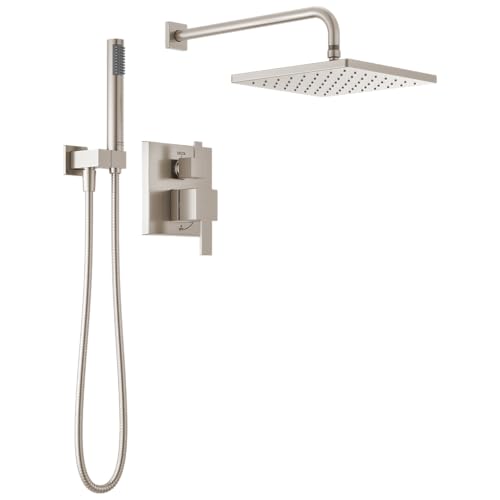 Image of Delta Modern 14 Series Square Rain Shower System Faucet Set, Rainfall Brushed Nickel Shower Head and Handle Set, Valve Trim Kit, 10 Inch, Spotshield Stainless T342701-SP (Valve Not Included)